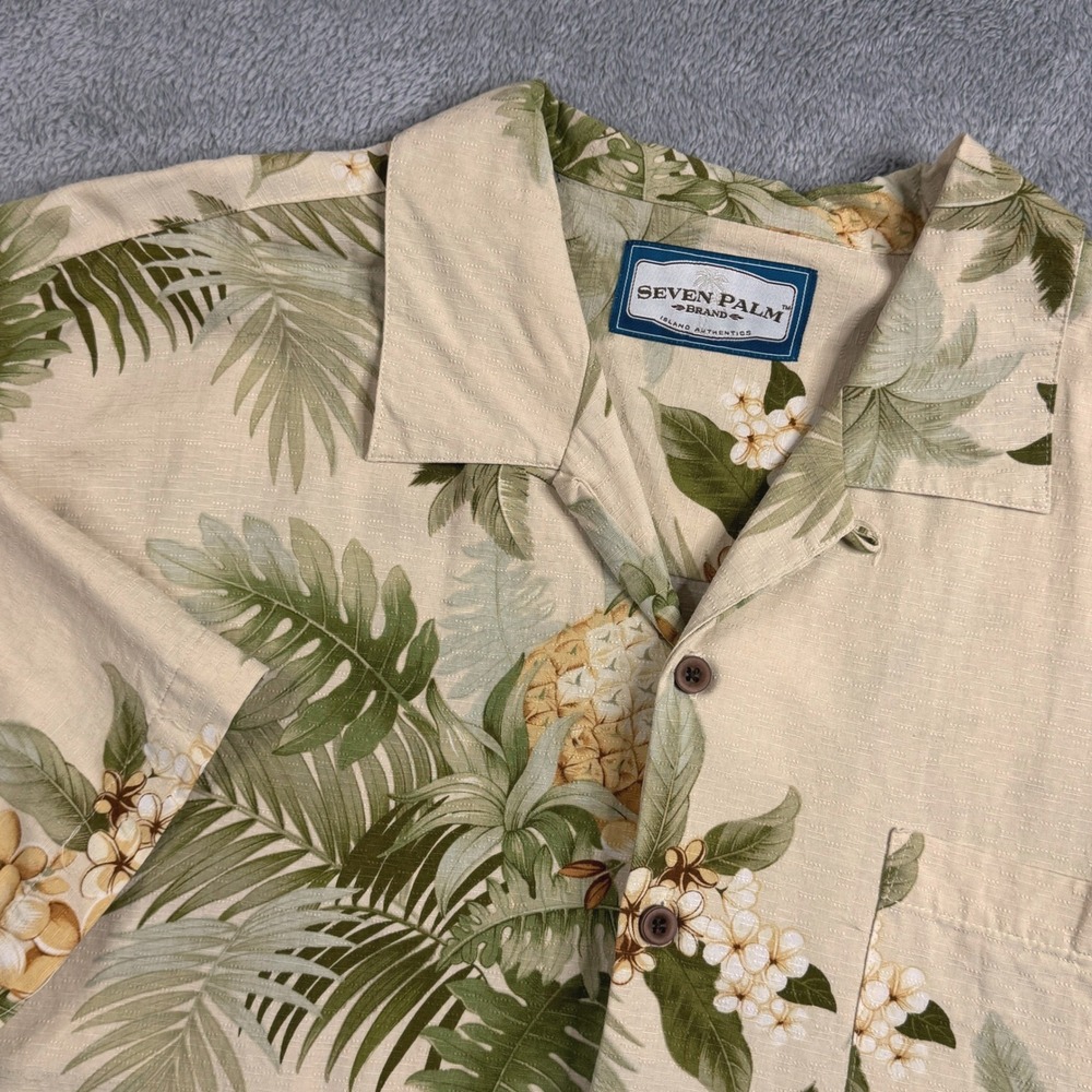 Seven Palm Brand Mens XL Hawaiian Shirt Beige‎ Pineapple Floral Short Sleeve EUC